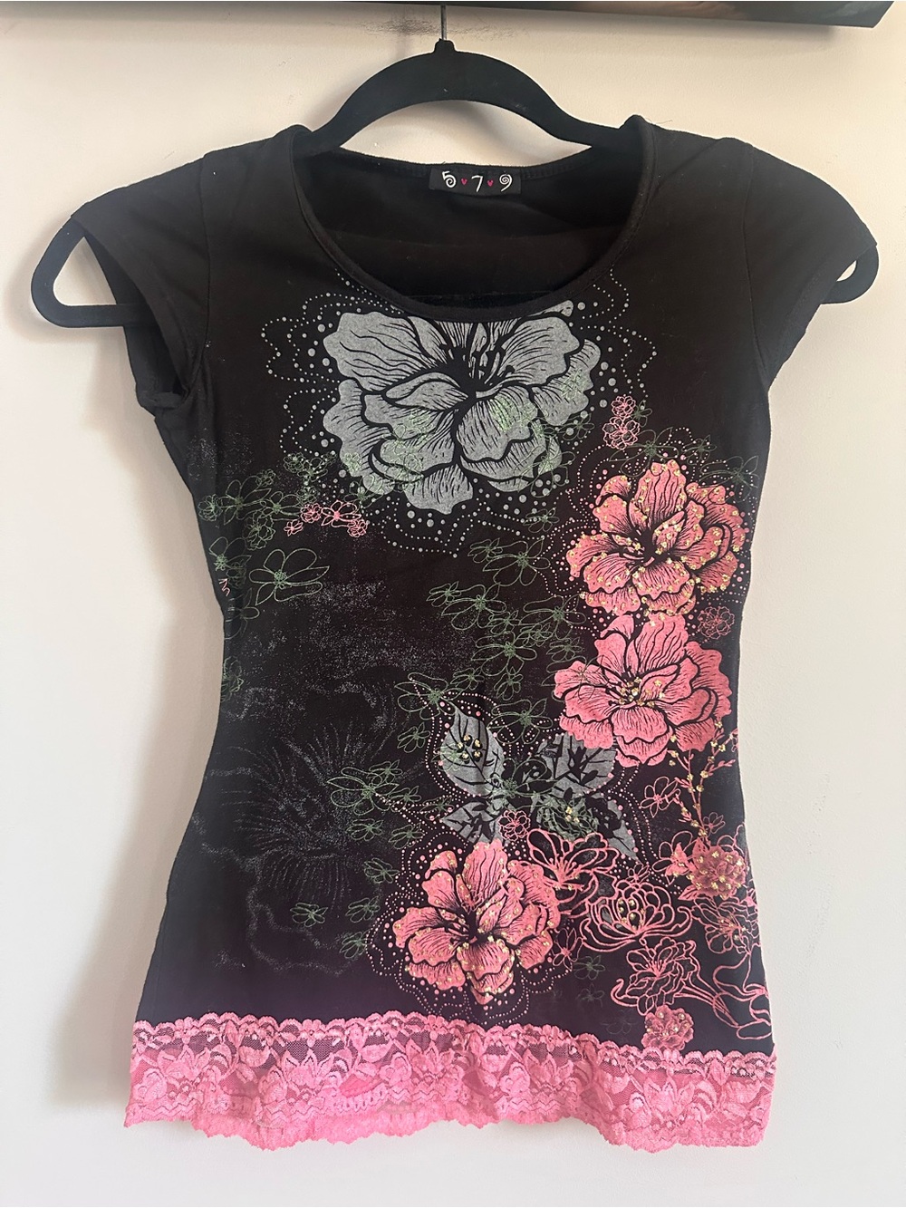Floral Lace Hem Top, Size XS